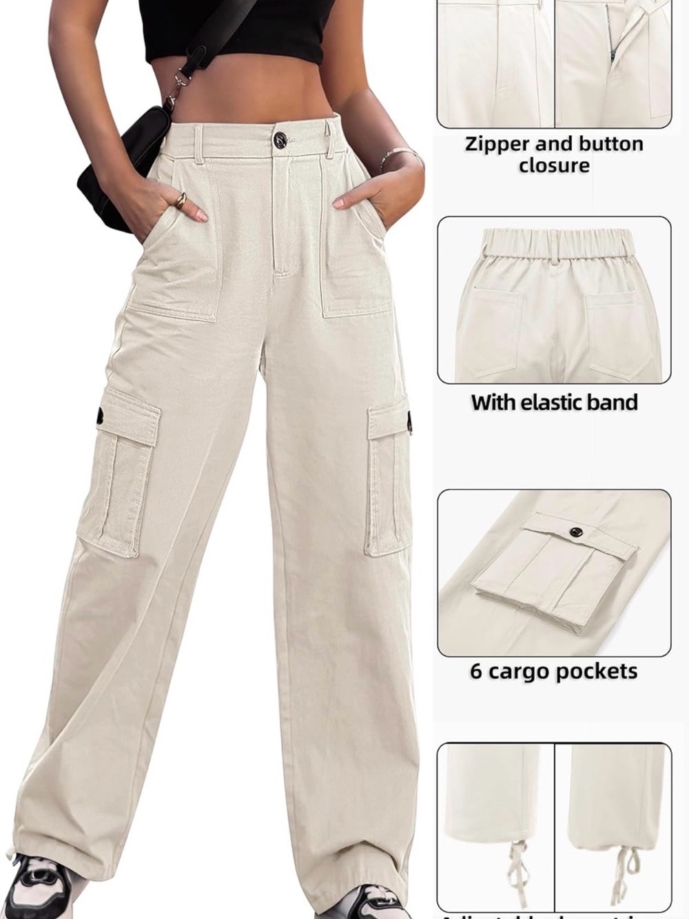 Wide-Leg Cargo Pants for Women - Cream